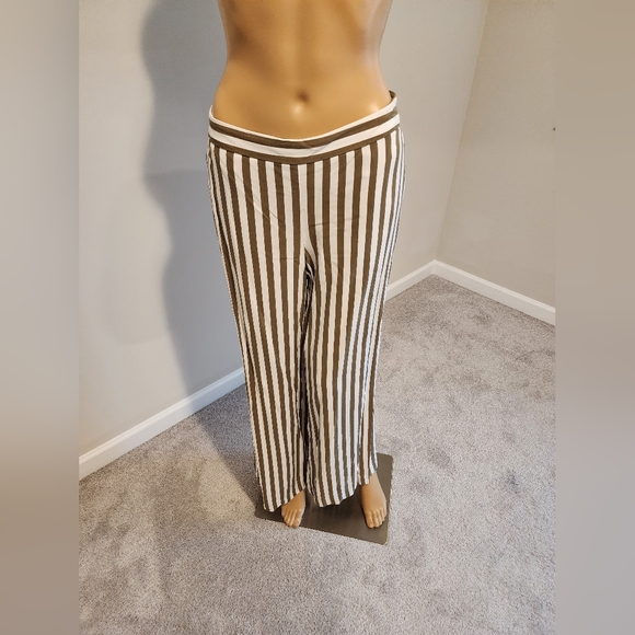 SET - New York & Company Olive Green Blouse and matching Stripe Pants - Picture 3 of 8